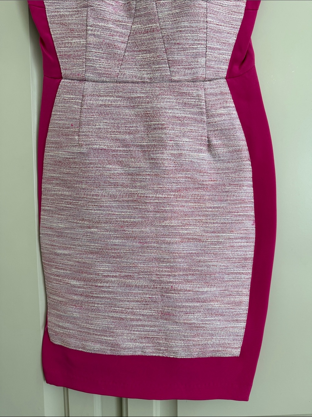 Madison Marcus Small Fuchsia Sheath Dress with Pink Tweed Panel & Striped Straps - Picture 4 of 9